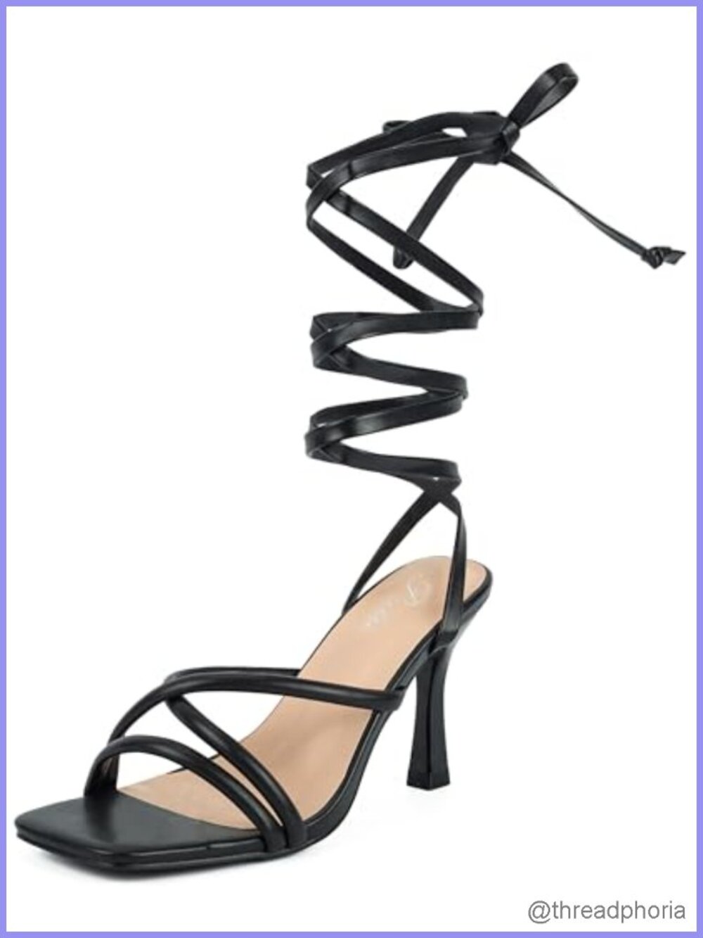 Strappy Square Toe Stiletto Heels Tie Up Lace Up Sandals Faux Leather
